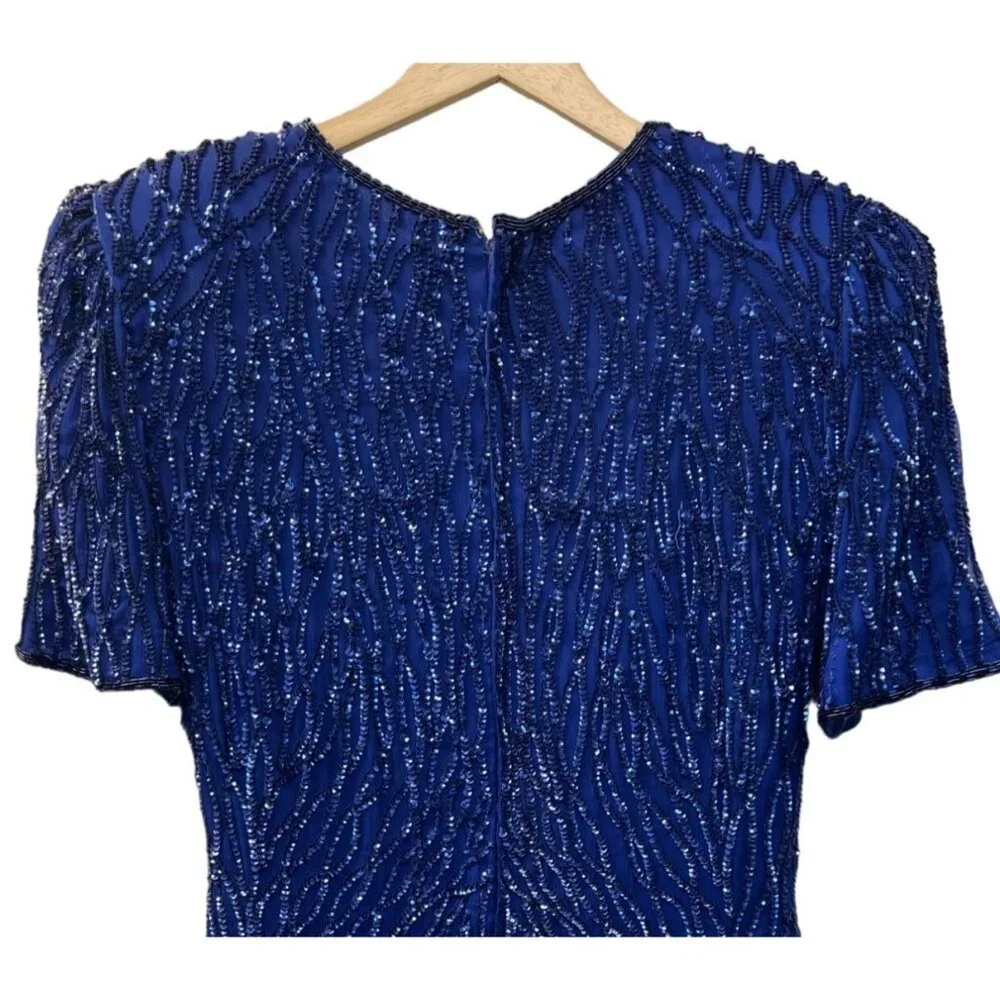 Laurence Kazar Vintage 80's Royal Blue Silk Sequin Cocktail Dress and Purse - Picture 7 of 11